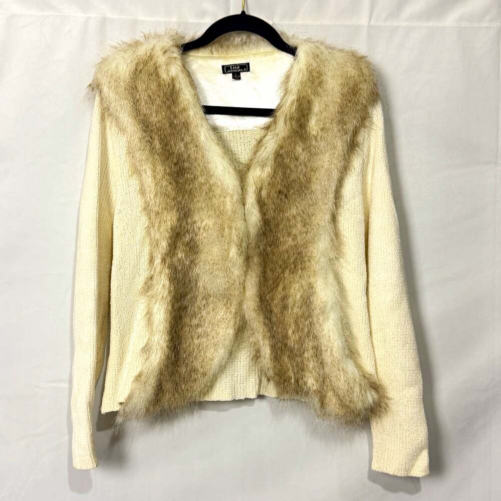 Lisa International Ivory Knit Open Cardigan Sweater Faux Fur Trim Size L